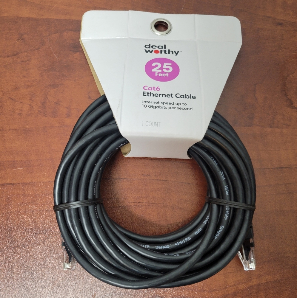 Deal Worthy Black Cat6 Ethernet Cable - 25 Feet Nwt